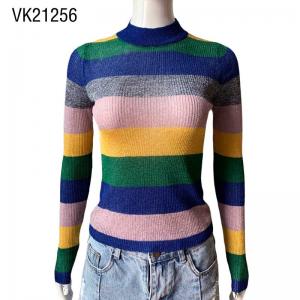 Women's striped high neck contrasting knitted sweater Long sleeved knitted pullover Slim fitting top