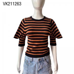 Autumn O-neck dual color striped bat sleeve fitted knit pullover Unique Tops