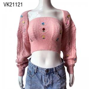 2023 Women's Light Pink Embroidered Cardigan Set Cute Sweater Young girl loose cardigan Slim Fit Sleeveless Tank Top