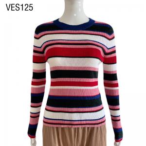 2023 New Classic Colorful Stripe Top O-Neck Cute Women's Slim Fit Pullover Daily casual top