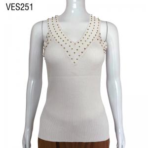 Summer Thin Women's Deep V-Neck Sleeveless Knitwear Handmade Pearl Pullover Solid Color Top