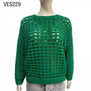 Autumn 2023 Vintage Green Hollow out Crochet O-Neck Pullover Loose Relaxed Knitted Top