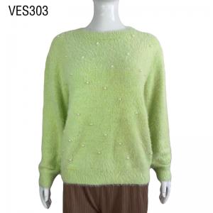 Winter Hot Selling Warm Light Green Seahorse Hair O-Neck Pullover Long Sleeve Handmade Pearl Decoration Loose Sweater