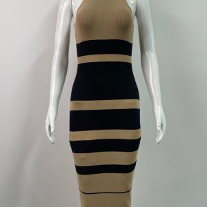 Halter Turtleneck Striped Rib Knit Bodycon Midi Dress