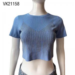 Summer Knitted Hot Diamond T-shirt Fitted O-Neck Short Pullover Street Spicy Girl Croptop