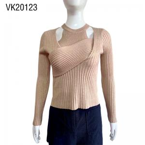 2023 Fashion Women's Sexy Knitwear Casual Long Sleeve Chest Cross Sweater Solid color O-neck exposed collarbone threaded pullover