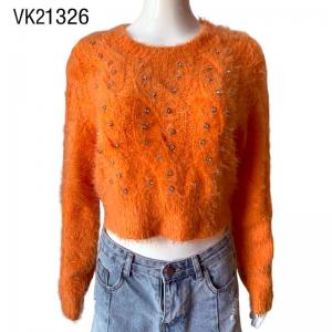2023 Women's Neon Orange Artificial Pearl Decoration Hippocampus Hair Loose Long Sleeve Sweater Warm and Comfortable O-Neck Pullover
