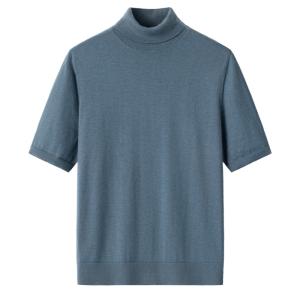 Men's Dusty Blue Turtleneck Short Sleeve Solid Plain Cashmere Sweater