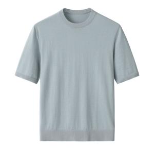 Men's Light Slate Blue Crew Neck Short Sleeve Solid Plain Cashmere Sweater