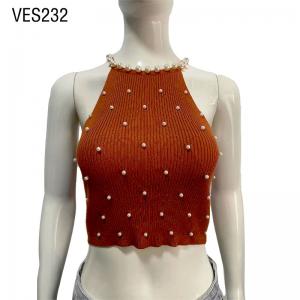 Women's Brown O-Neck Pullover Neck Pearl String Decoration Sleeveless Short Top Party Slim Fit Tank Top