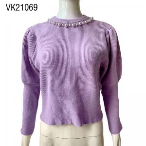 2023 Women's Neckline Pearl Decoration O-Neckline Purple Bubble Sleeve Sweater Fitted long sleeved knitted pullover High quality and elegant women's top