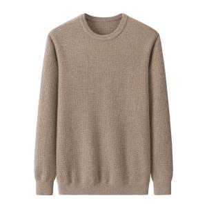 Oatmeal Grey Waffle Knit Crew Neck Cashmere Base Layer Sweater