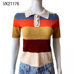 Fashion Women's Rainbow Stripe Polo Collar Knitted Pullover Short Sleeve Sweater Women's Autumn Slim Fit Casual T-shirt