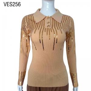 2023 Autumn Retro Women's Polo Sequin fabric Slim Fit Long Sleeve Elegant Evening Top