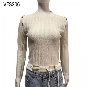 2023 New Bottom Drawstring Design Shoulder Button Decoration Pullover Cream White O-Neck Knitted Sweater Fashion Outdoor Top
