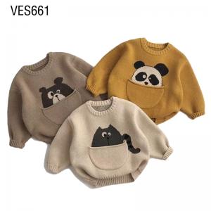Customized Children's Pullover O-Neck Cute Cartoon Animal Jacquard 3D Pocket Loose Baby Sweater Made in Chinese Factory