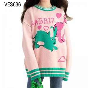 Customized Children's Pullover Y2K Color Matching Cute Little Rabbit Jacquard Long Sleeve Knitted Sweater for Autumn and Winter Warm Relaxed Clothing Made in Chinese Factory