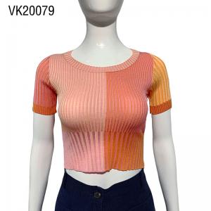 Y2K Summer Round Neck Knitted Sweater Women's Short Sleeve Pullover Colorful patchwork slim fitting top