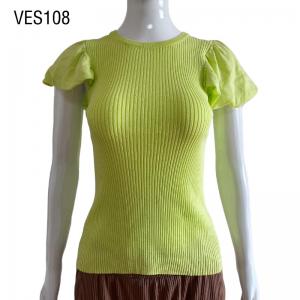 Summer Short Sleeve Neon Green Women's Pullover O-neck ruffled sleeve knitted slim fitting sweater
