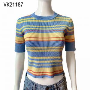 2023 High Quality Striped Short Sleeve Summer O-Neck Pullover Young girl cute short sleeved top