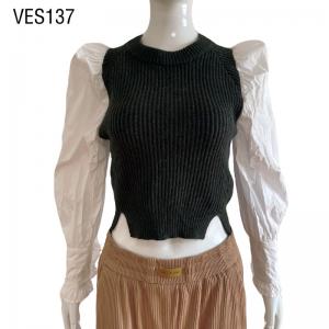 2023 Vintage Spring Women's Elastic Spliced Bubble Sleeve Pullover Women's slim fitting dual color long sleeved knitted top O-neck women's elegant sweater