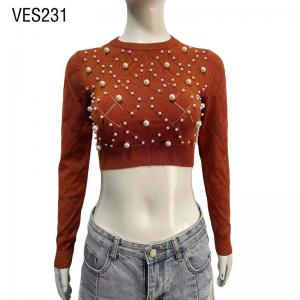 2023 Hot Selling High Quality Women's Solid Color Slim Fit Sleeve Knitwear Handmade Pearl O-Neck Short Pullover Autumn Fashion Long Sleeve Sweater