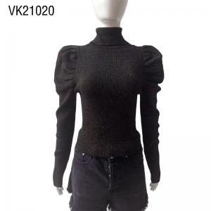 2023 Elegant High Neck Bubble Long Sleeve Knitted Sweater Women's Winter Solid Fit Party Dress Rib Comfortable pullover