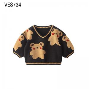 Customized children's V-neck short sleeved loose and cute cartoon bear jacquard autumn and winter sweaters made in Chinese factories