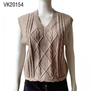 Women's V-neck sleeveless college style retro wool sweater Loose fitting solid color pullover