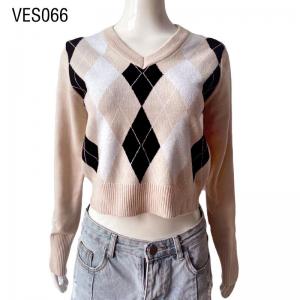 Vintage Streetwear V Neck  Sweater Women'S Crop Top Pullover Rhombus Print blouse