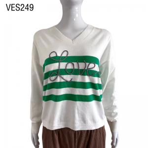 Vintage V-neck Women's Loose Pullover Autumn Long sleeved Stripe 3D Text Sweater