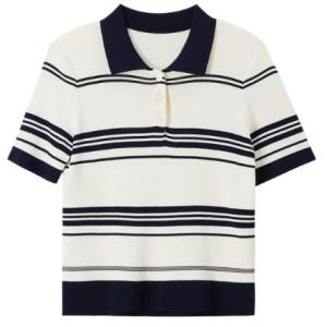 Women's Contrast Lapel 3-Button Striped Short Sleeve Knit Polo Top