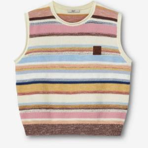 Women's Crew Neck Color Stripe Hollow Knit Sleeveless Vest With Leather Patch Label