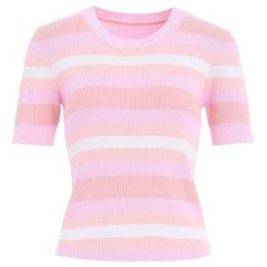 Women's Crew Neck Pink White Stripe Ribbed Short Sleeve Cashmere Top