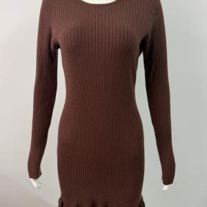 Women's Crew Neck Vertical Rib Long Sleeve Ruffle Hem Knit Mini Dress