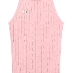 Women's Halter Vertical Wavy Knit Tank Top With Butterfly Brooch