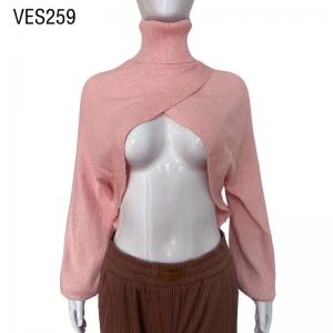 2023 Fashion Women's High Neck Sleeved Loose Shawl Pink Knitted Sweater Young Girl Top