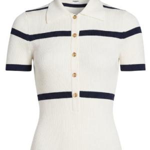 Women's Lapel Stripe Rib Knit Polo Short Sleeve Top