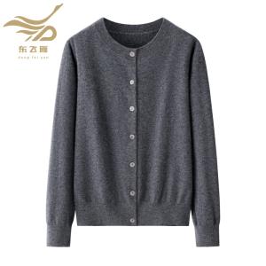 Women's Medium Grey Crew Neck Solid Cashmere Cardigan
