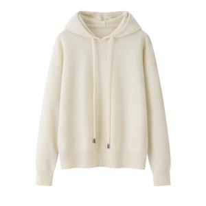 Women's Off White Drawstring Hooded Cashmere Sweater