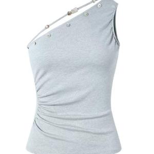 Women's One Shoulder Pearl Strap Ruched Knit Tank Top