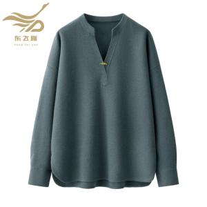 Women's Stand Collar V-Neck Dusty Green Knit Top with Frog Button