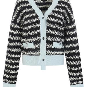 Women's V-Neck Color Block Black White Stripe Long Sleeve Cashmere Cardigan