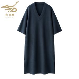 Women's V-Neck Short Sleeve Navy Blue Knit Midi Dress with Side Slits
