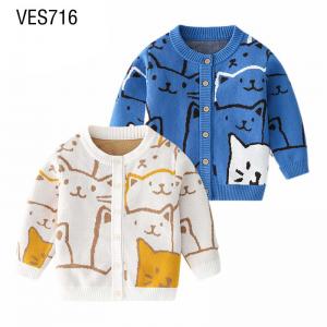 Customized children's O-neck cardigan cute graffiti cat jacquard single breasted sweater made in Chinese factory