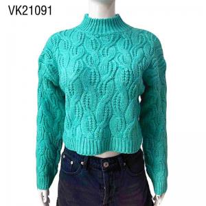 Women's loose cable pattern high neck knitted long sleeved pullover sweater Winter Casual Vitality Turquoise Color Top