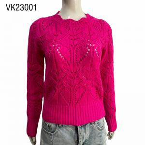 2023 High quality classic neon pink hollowed out o neck pullover Women's elegant jacquard sweater top