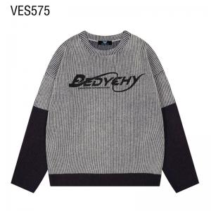 Customized pullover striped art font jacquard sweater patchwork sleeves loose autumn and winter trend clothing Chinese factory