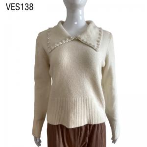 Women's knitted long sleeved large lapel with pearl decoration solid color sweater Fitted women's retro pullover
