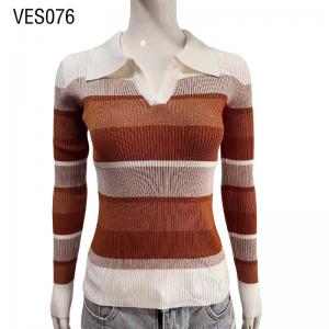2023 Fashion Retro style   Women's striped lapel sweater Slim fitting knitted pullover Gentle Tight Top